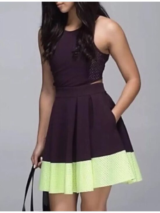 lululemon athletica Dresses & Skirts - LULULEMON Away Dress Lycra Perforated Athleisure plum yellow Size 4-6